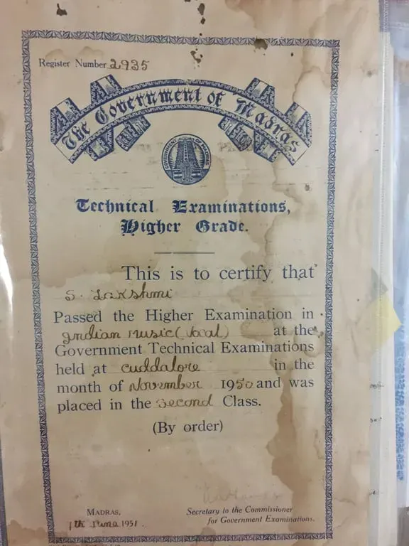 Government of Madras Technical Examinations certificate: S. Lakshmi passed the Higher Examination in Indian Music (vocal) at Cuddalore in November 1950